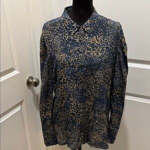 Kobi Halperin Navy and Tan Animal Print Button-Down Blouse